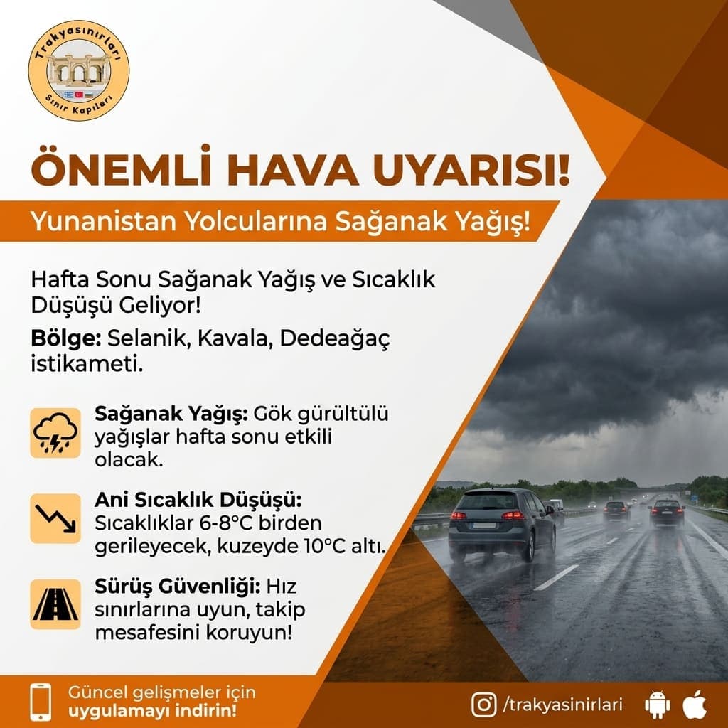 🚗 Yunanistan Yolcularının Dikkatine: Hafta Sonu Sağanak Yağış ve Sıcaklık Düşüşü Geliyor!