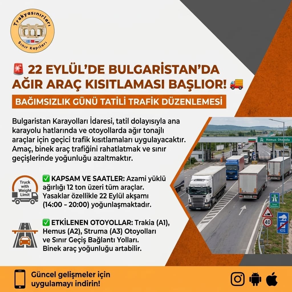 🚨 22 Eylül’de Bulgaristan’da Ağır Araç Kısıtlaması Başlıyor! 🚚